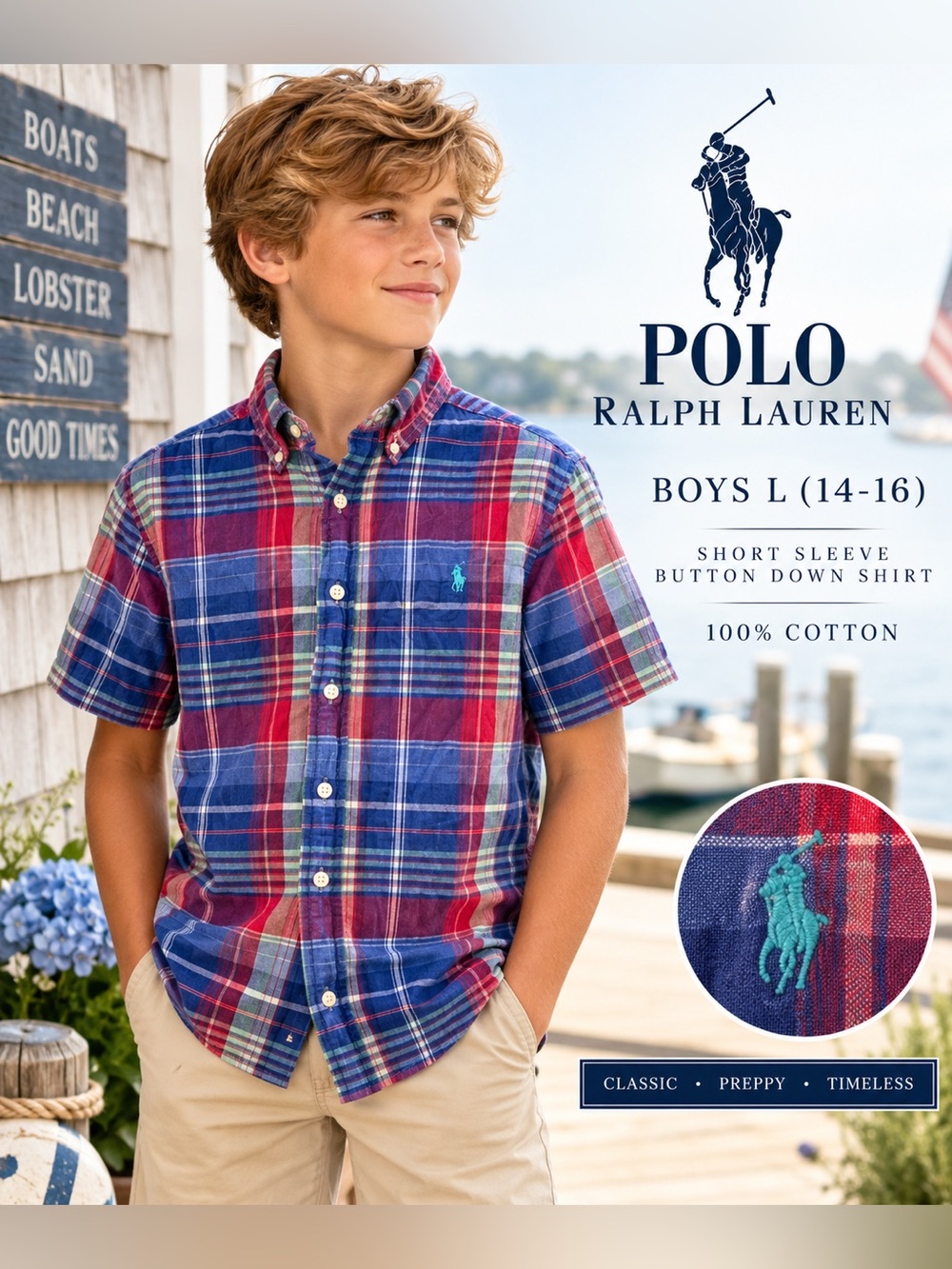 Polo Ralph Lauren Boys L 14-16 100% Cotton Plaid Short Sleeve Button Down Shirt